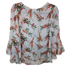 Worthington Top Floral Semi-Sheer Long Bell Sleeve Keyhole Back Boho Medium